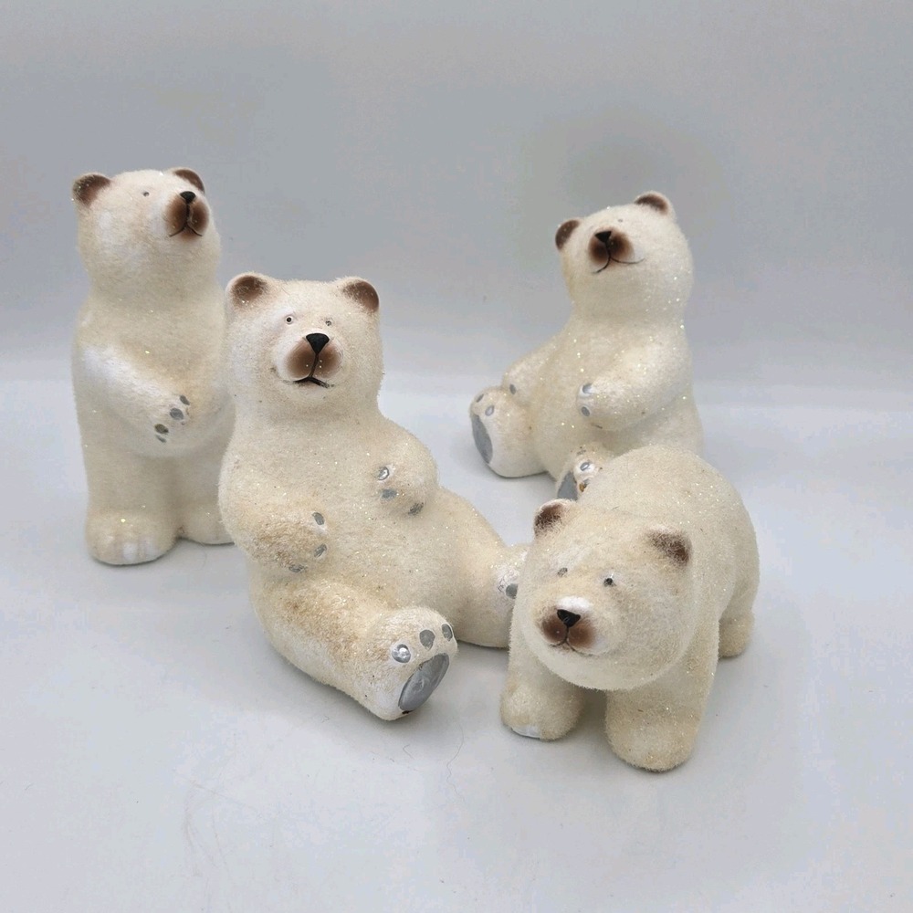 Flocked And Glitter Polar Bears Vtg Holiday Christmas Decor Set Of 4‎ Ceramic